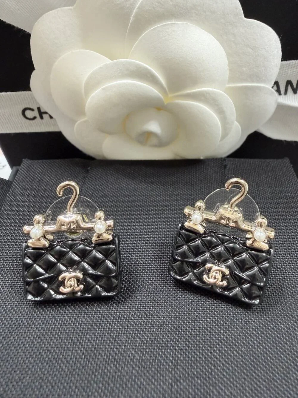 CHANEL Black Quilted Bag Hanger CC Stud Earrings